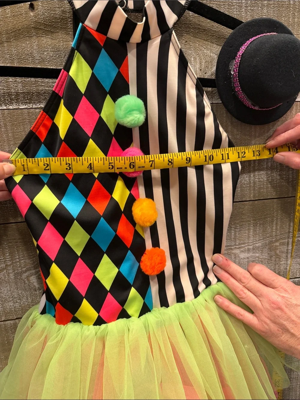 Weissman’s child M dance/skating Neon Harlequin Clown Costume Dress with Pom Pom